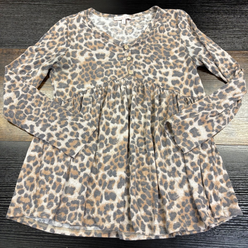 Hailey & Co Leopard Print Babydoll Top Long Sleeve Henley V-Neck Peplum Brown M